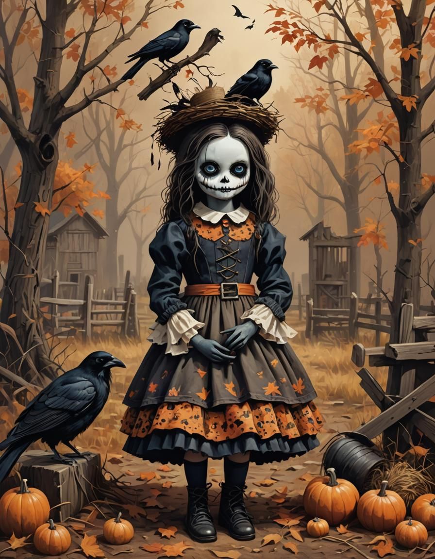 Spooky Crow-Headed Ragdoll in Autumn Farm Scene
