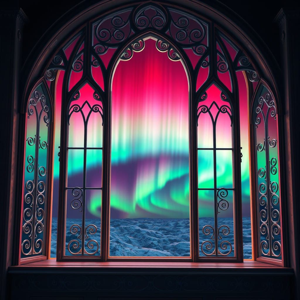 Ethereal Windows Overlook Vibrant Aurora Borealis Display in...