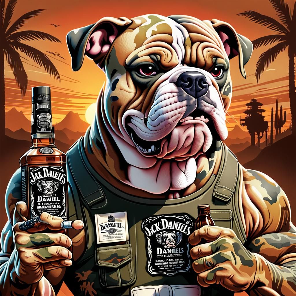 Muscular bulldog wearing army fatigues