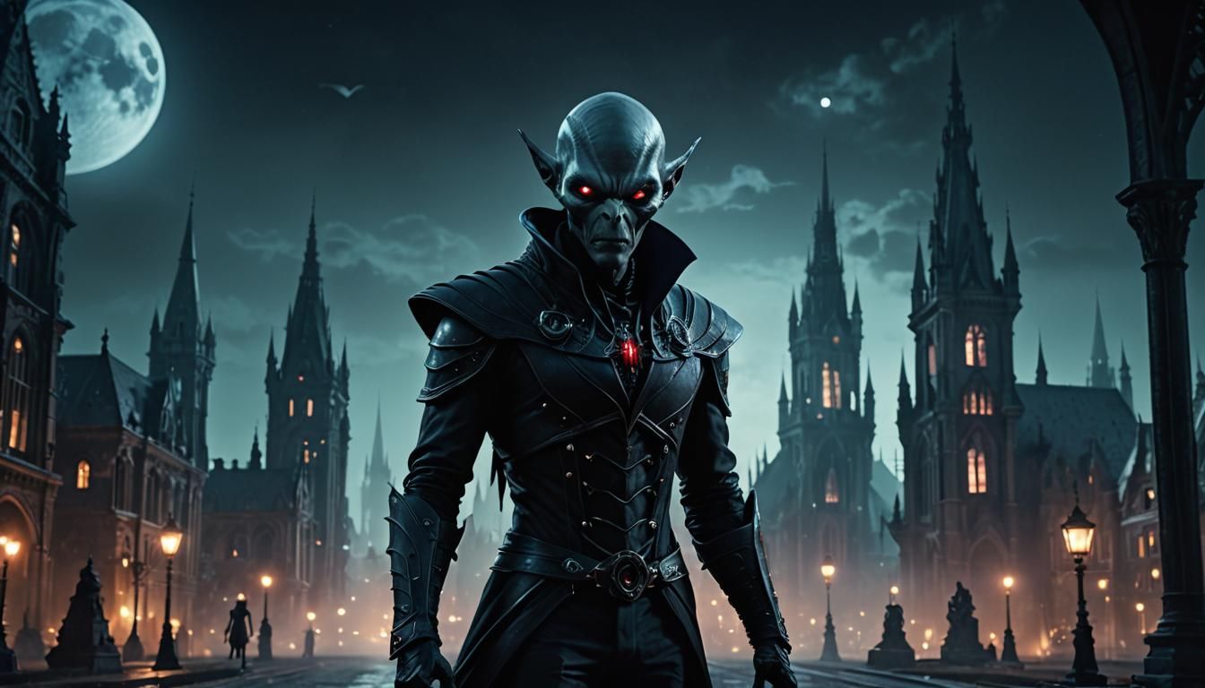 Alien Vampire in Gothic City: Sci-Fi Art
