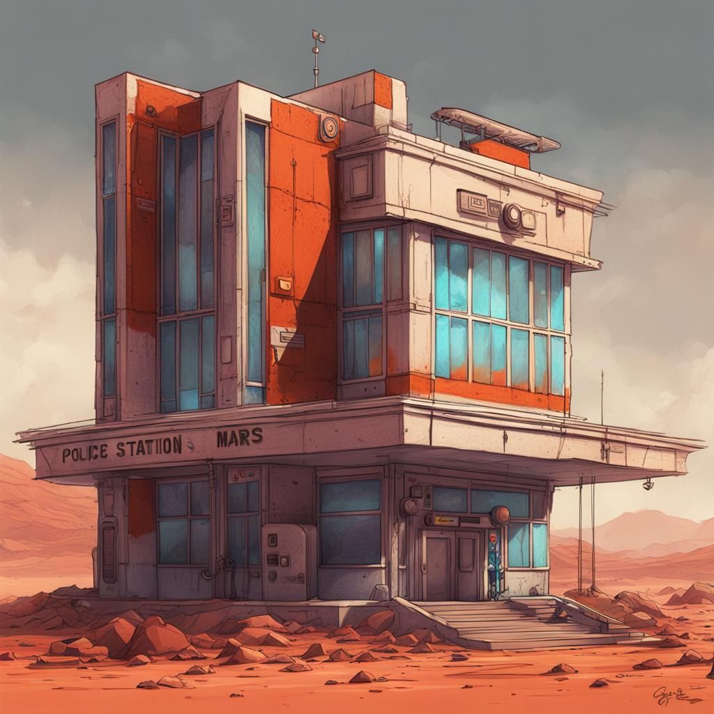 Martian Police Station in Zombiecore Sketch Style