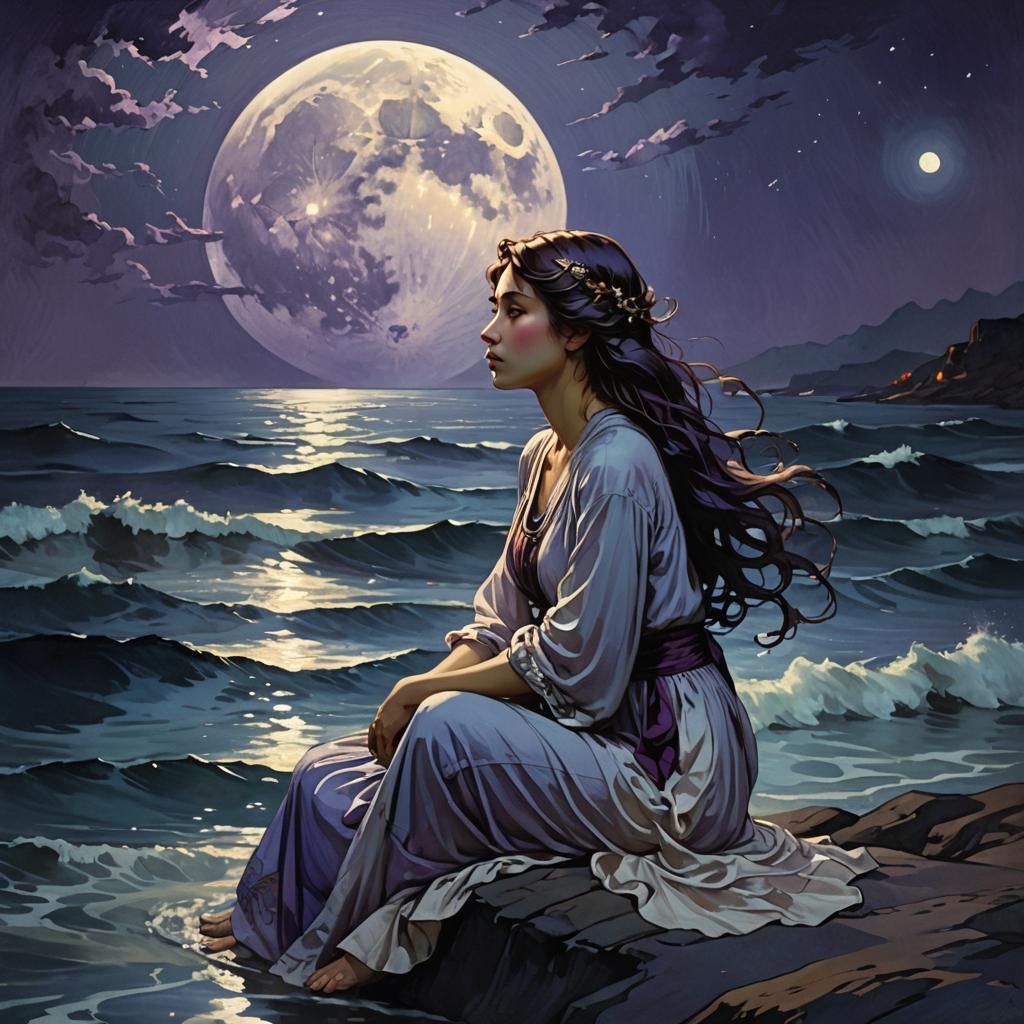 Woman Gazing at Moonlit Ocean: Fantasy Art