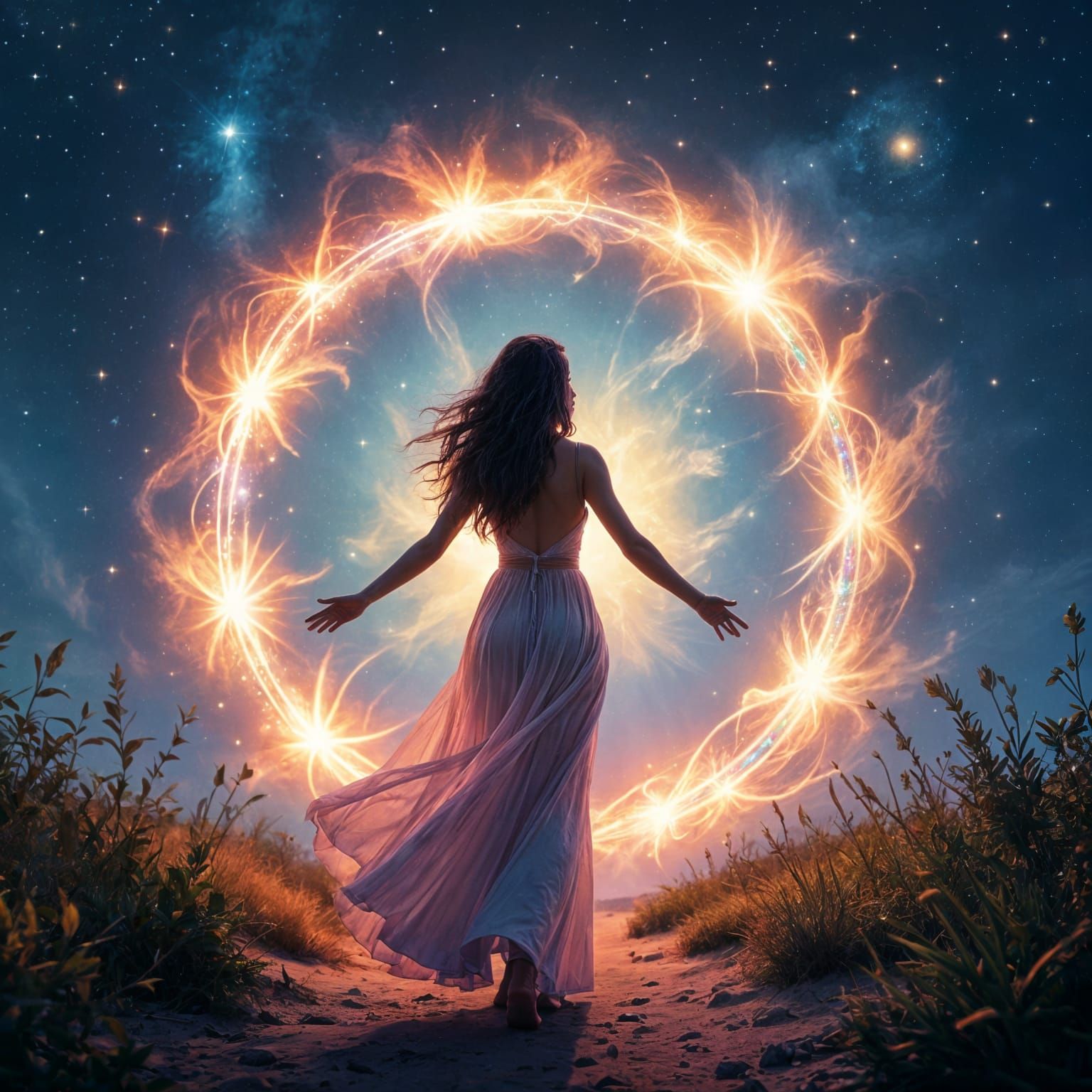 Cosmic Time Portal with Woman in Psychedelic Colors