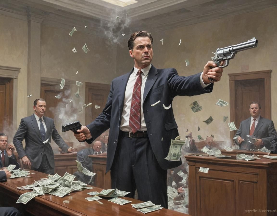 Sinister Lawyer Fires Tommy Gun in Courtroom