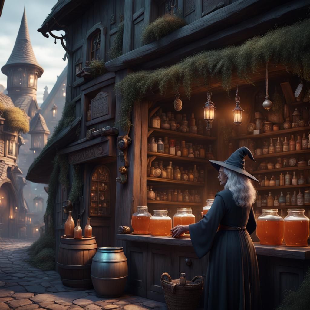 Enchanting Witch Brews Potion in Magical City