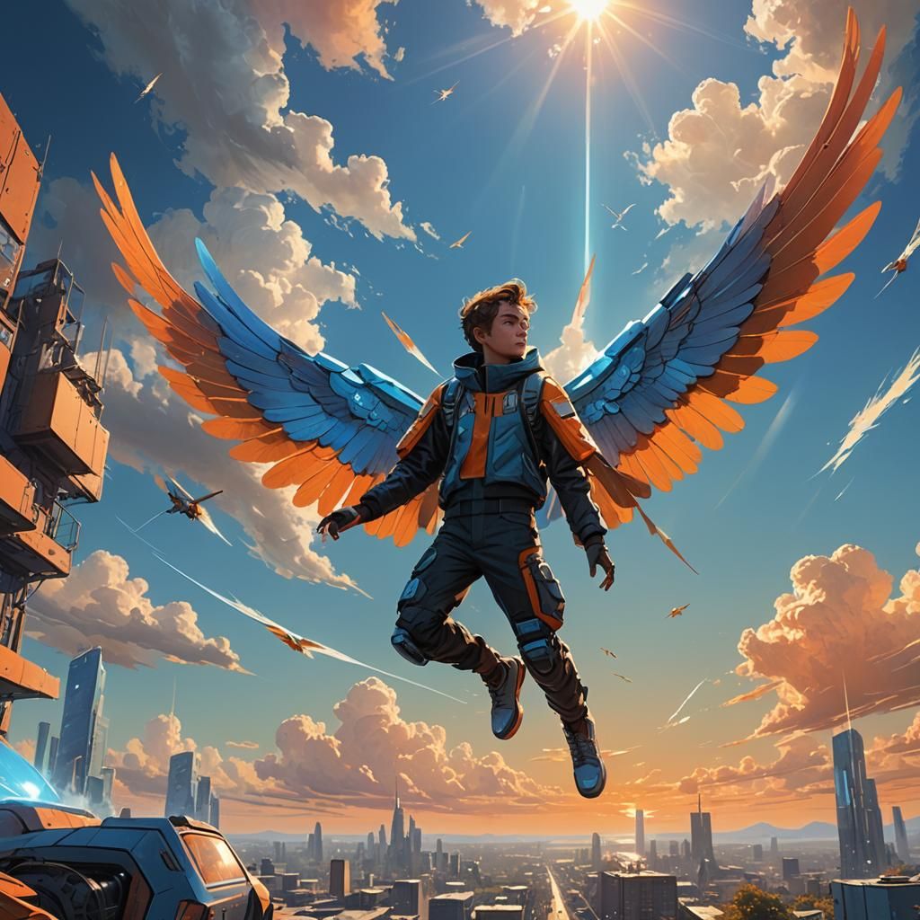 Futuristic Winged Boy Soaring on Sunny Day