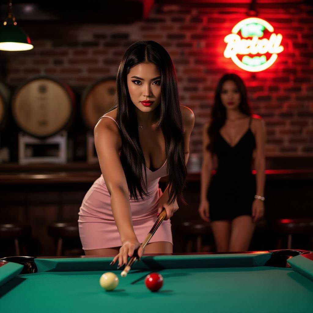 Asian Woman Aims Pool Cue in Dimly Lit Bar