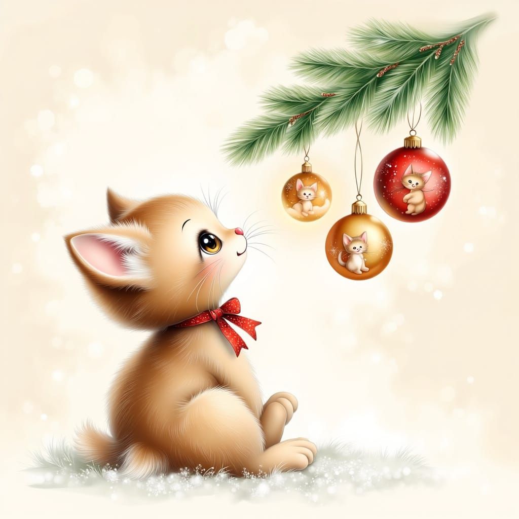 Vintage Kitten Gazes at Ornate Christmas Branch