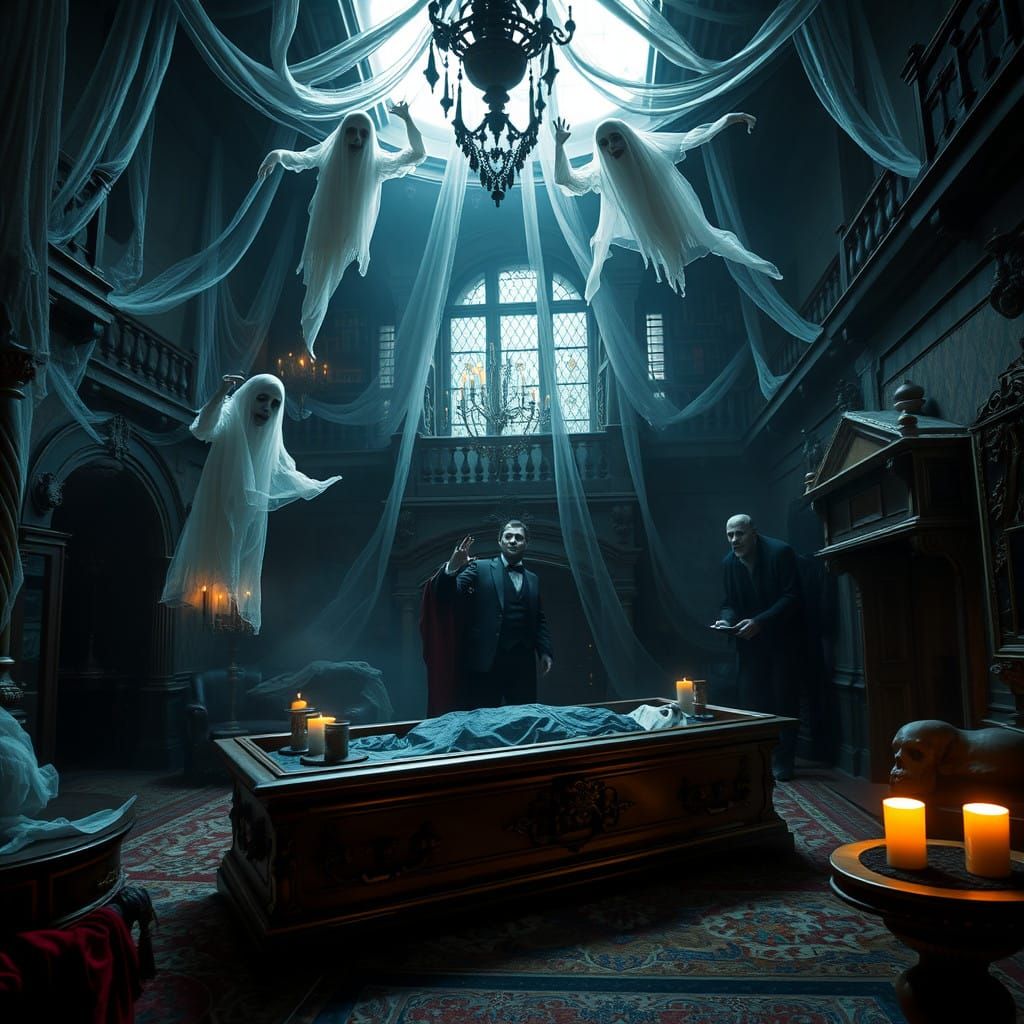 Eerie Victorian Mansion with Floating Ghosts and Macabre Ser...