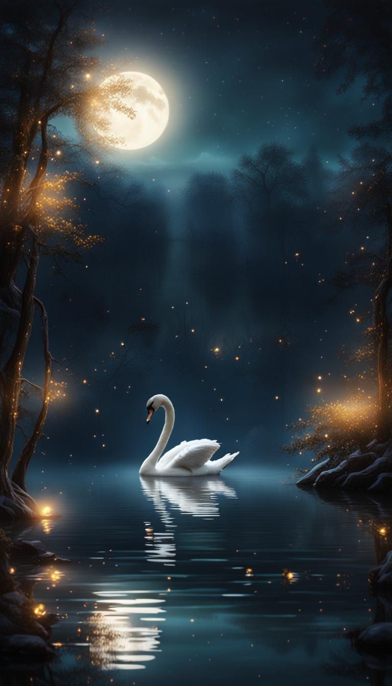 Moonlit Swan with Fireflies: Fantasy Concept Art
