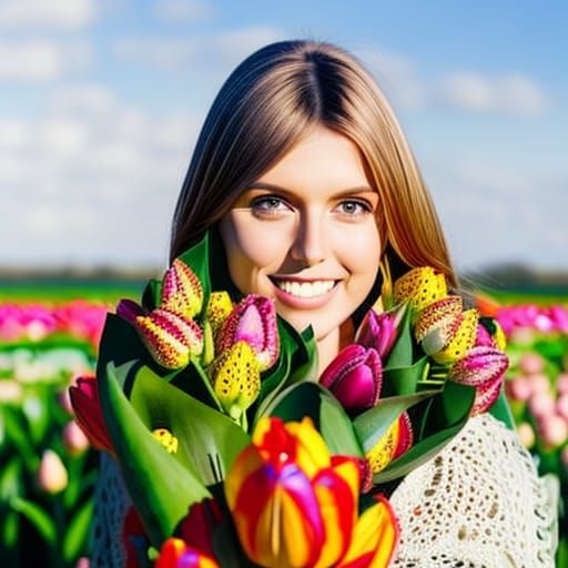 Dutch Girl in Tulips Field: Intricate Detailed Image