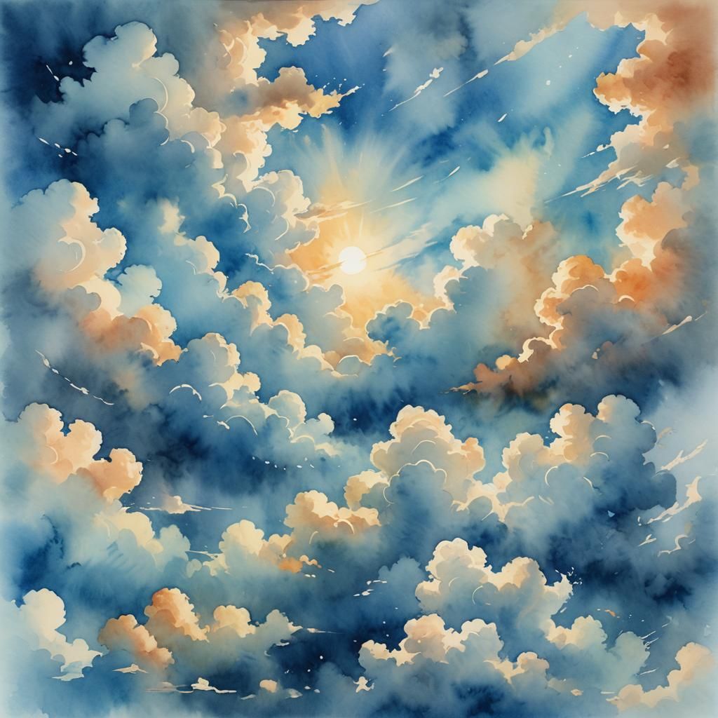Dreamy Watercolor Sky with Swirling Blue Clouds