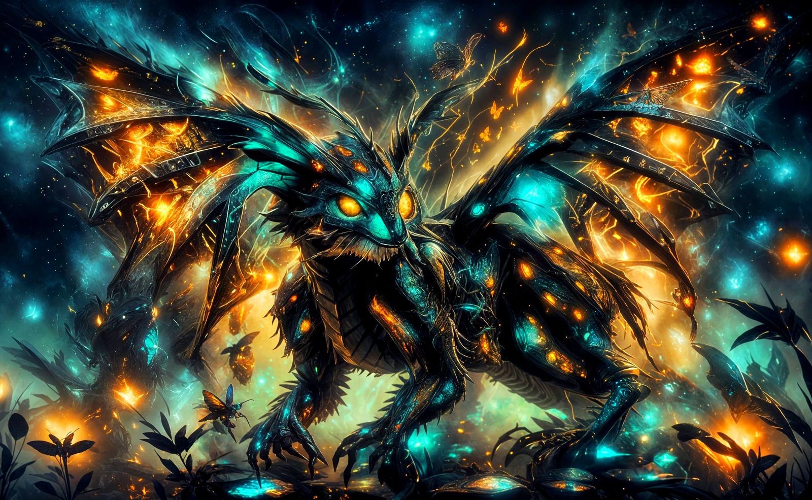 Cybernetic Insectoid Butterflies Reign Under Midnight Glow