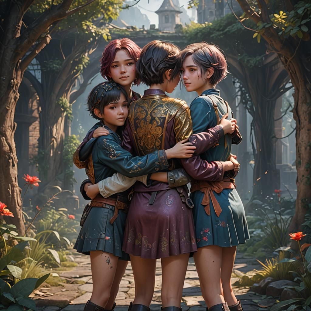 Three Girls Hugging: Detailed Fantasy Concept Art