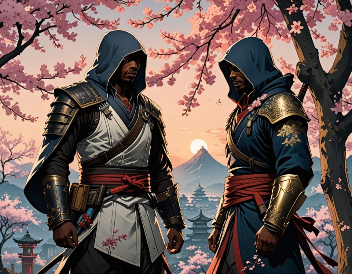 Yasuke and Naoe in Cherry Blossom Ukiyo-E Style