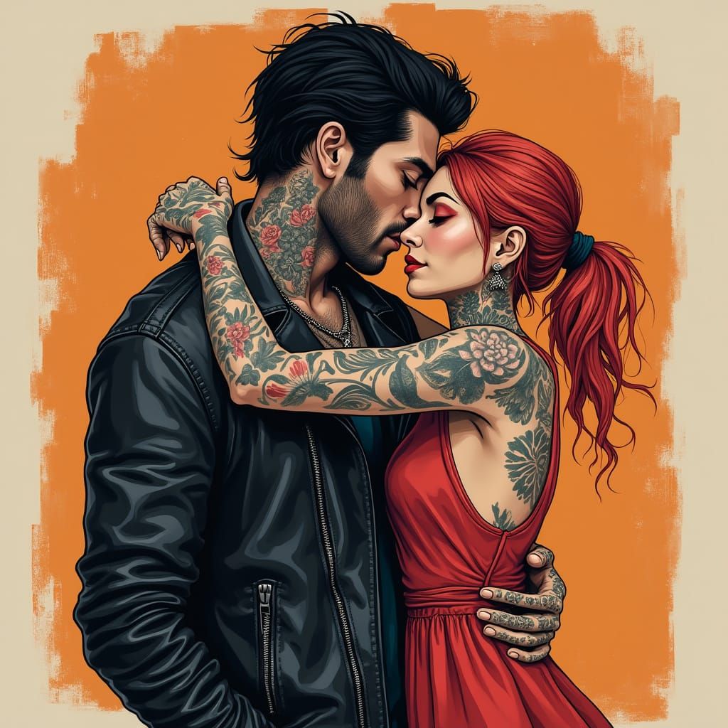 Embracing Couple in Bold Lines and Contrasts