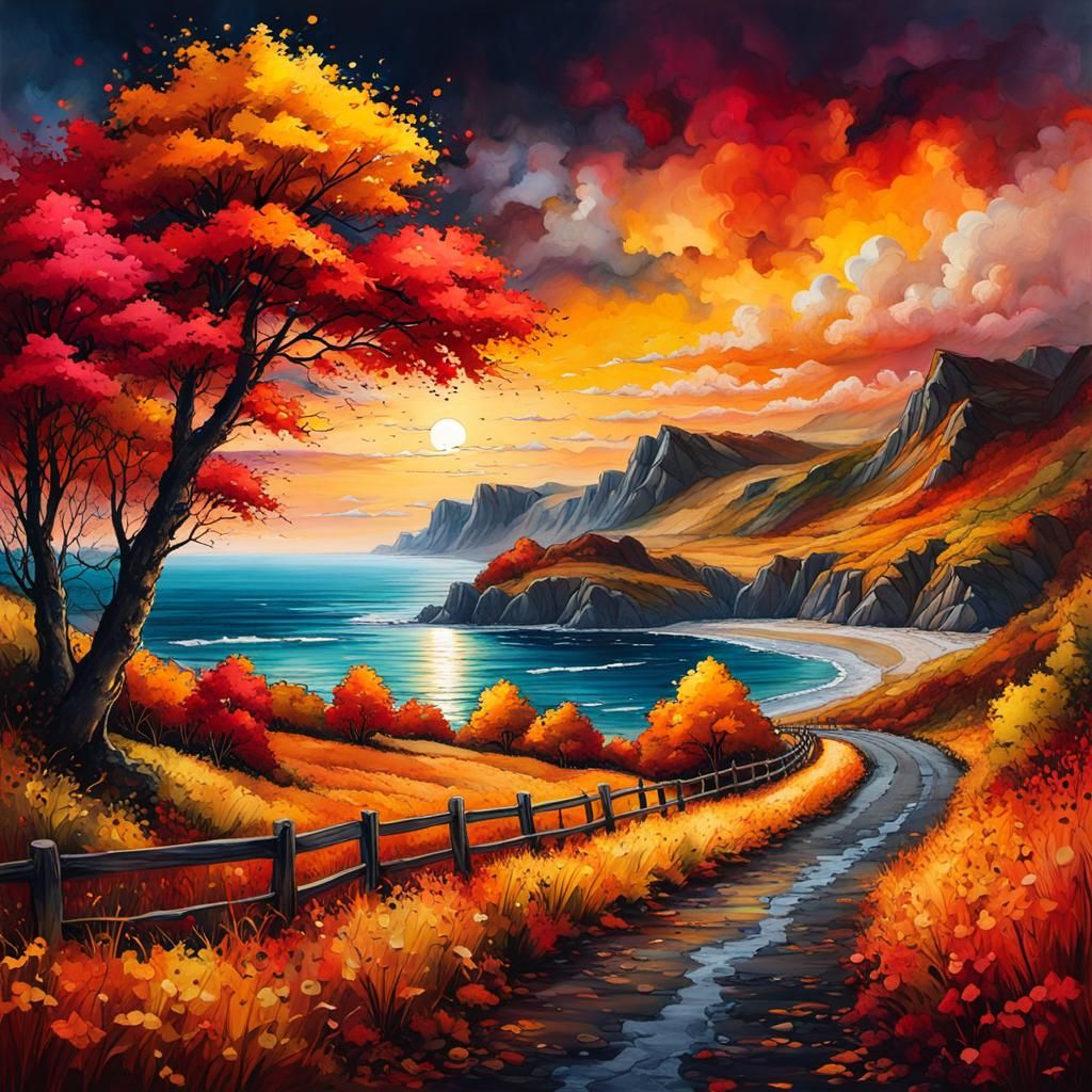 Dramatic Autumn North Sea Alcohol Ink Painting