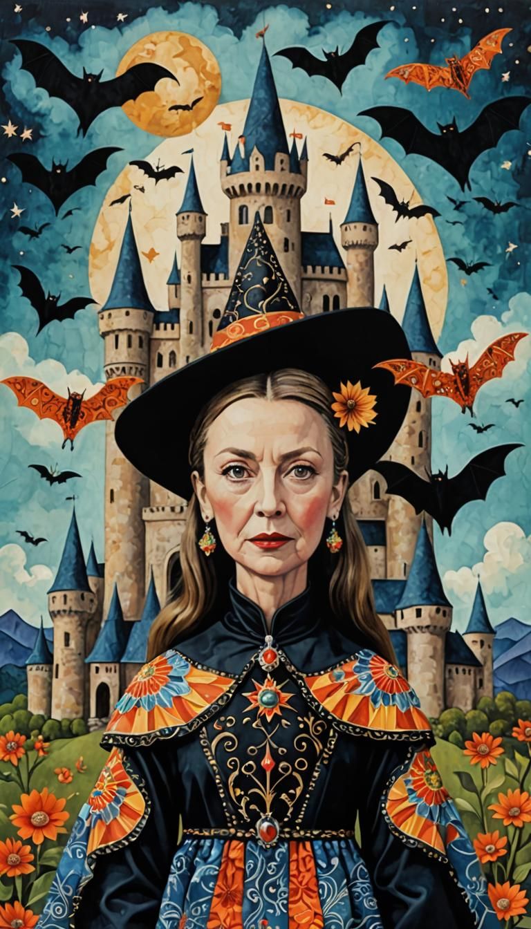 Surreal Collage Portrait with Witch and Bats