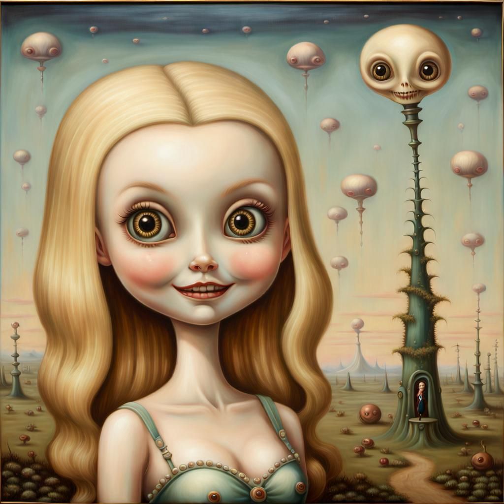 Surreal Woman in Alien Landscape Oil Painting