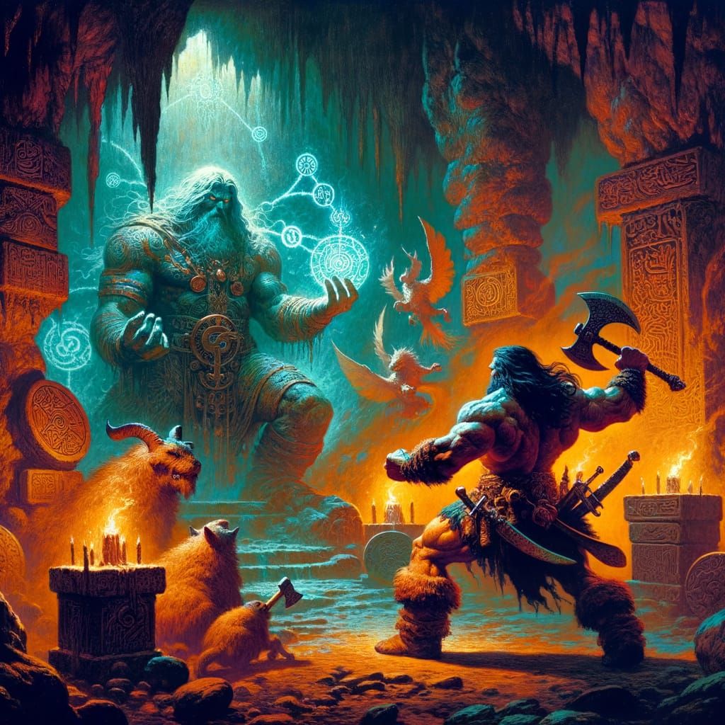 Dark Fantasy Barbarian Confronts Powerful Sorcerer in Ancien...