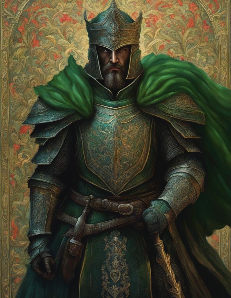 Green Knight Portrait in Gouache Style
