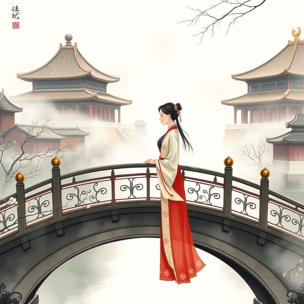 Chinese Lovers on an Arched Bridge in Traditional Hanfu Atti...