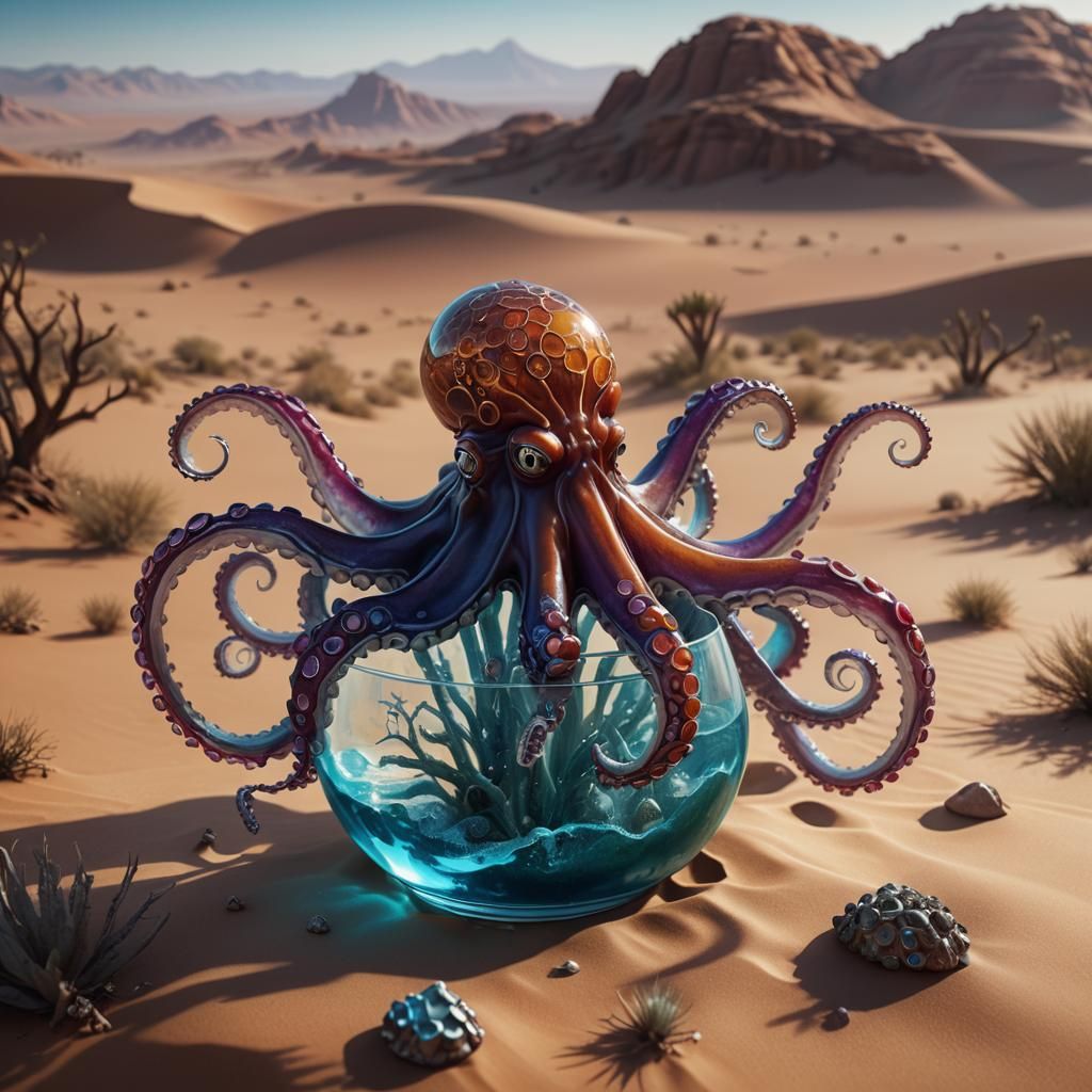 Glass Octopus in Desert: Detailed Matte Painting