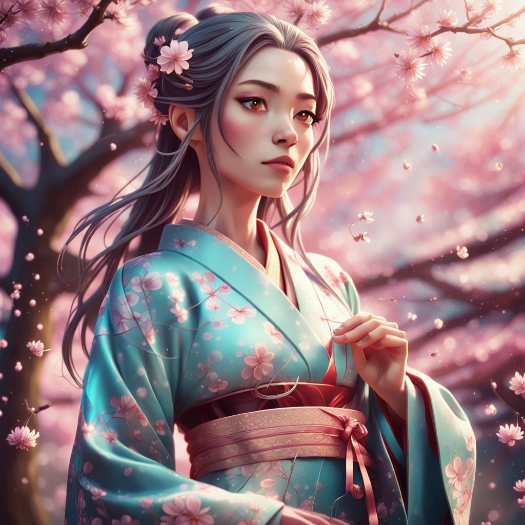 High Elf in Kimono Amidst Cherry Blossoms
