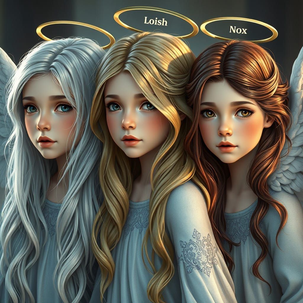 Three Angelic Siblings with Distinct Hairstyles and Halos in...