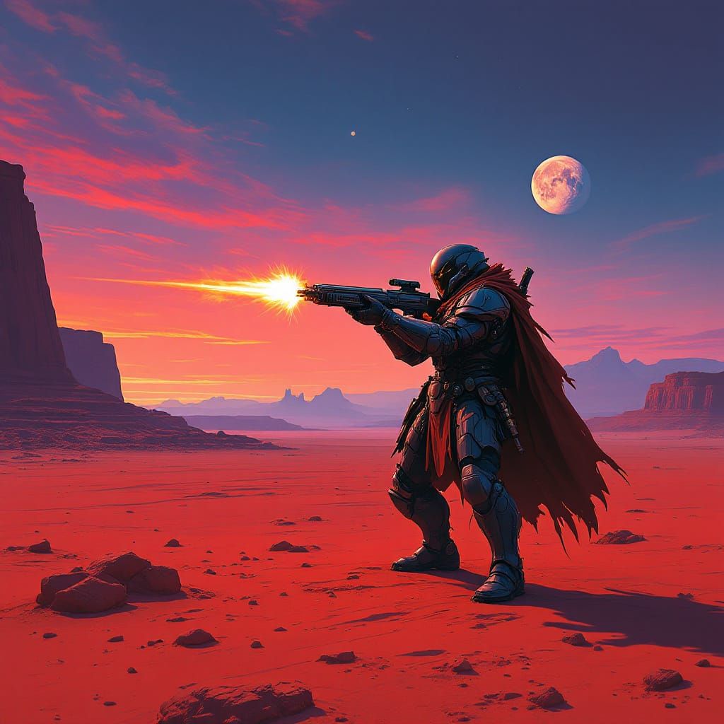 Futuristic Warrior on Alien Desert in Epic Space Opera Style
