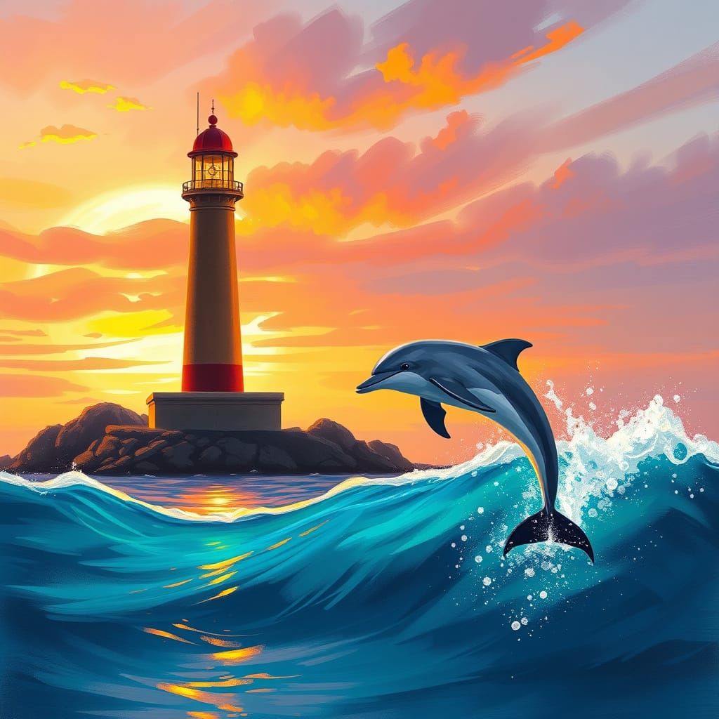 Majestic Lighthouse and Dolphin in Sunset Splendor