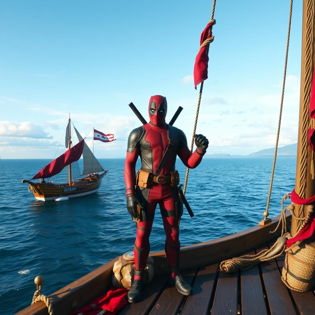 Deadpool on Viking Ship Overlooking the Sea