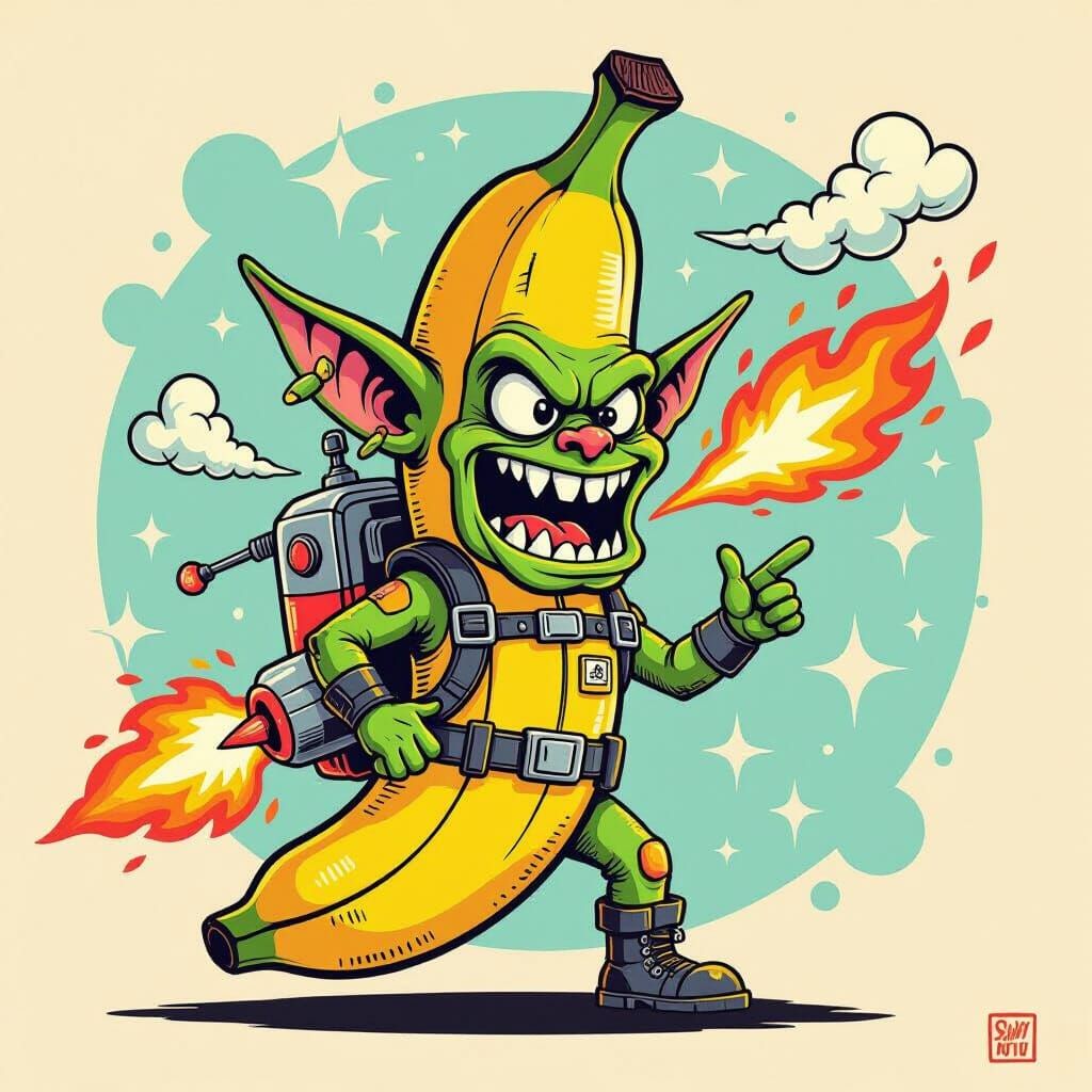 Goblin Banana with Jetpack in Street Art Style