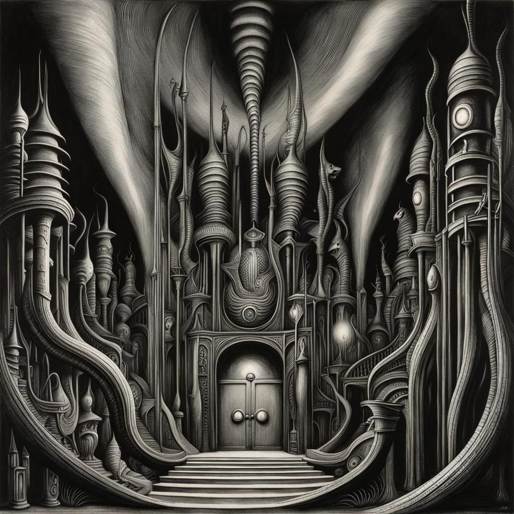 Surreal Biomechanical Landscape in Cartoon Style