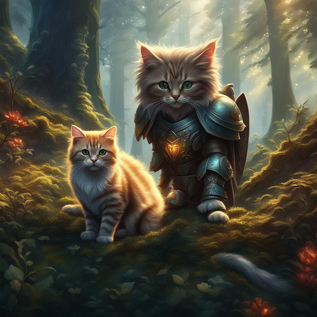 St Michael the Archangel encounters a cat in a forest