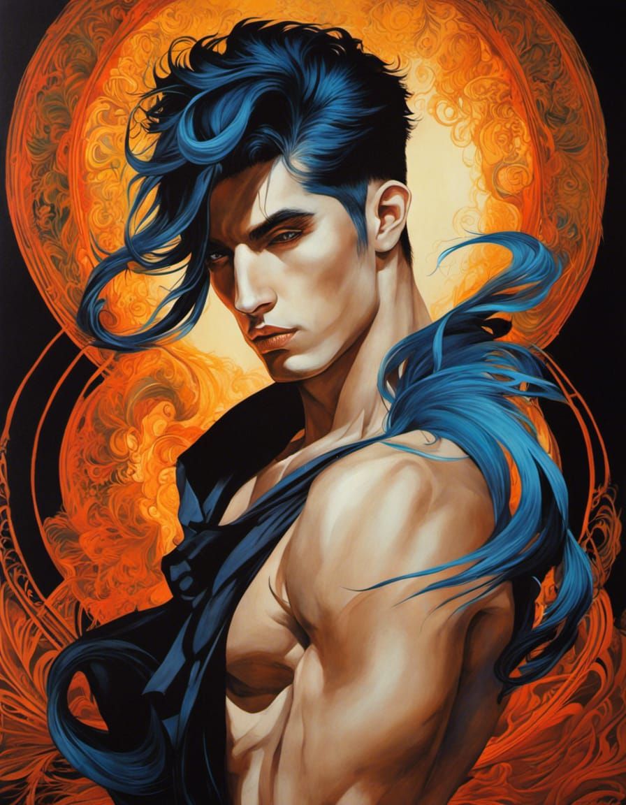 Beautiful Emo Male with Neon Hair as Acrylic Painting