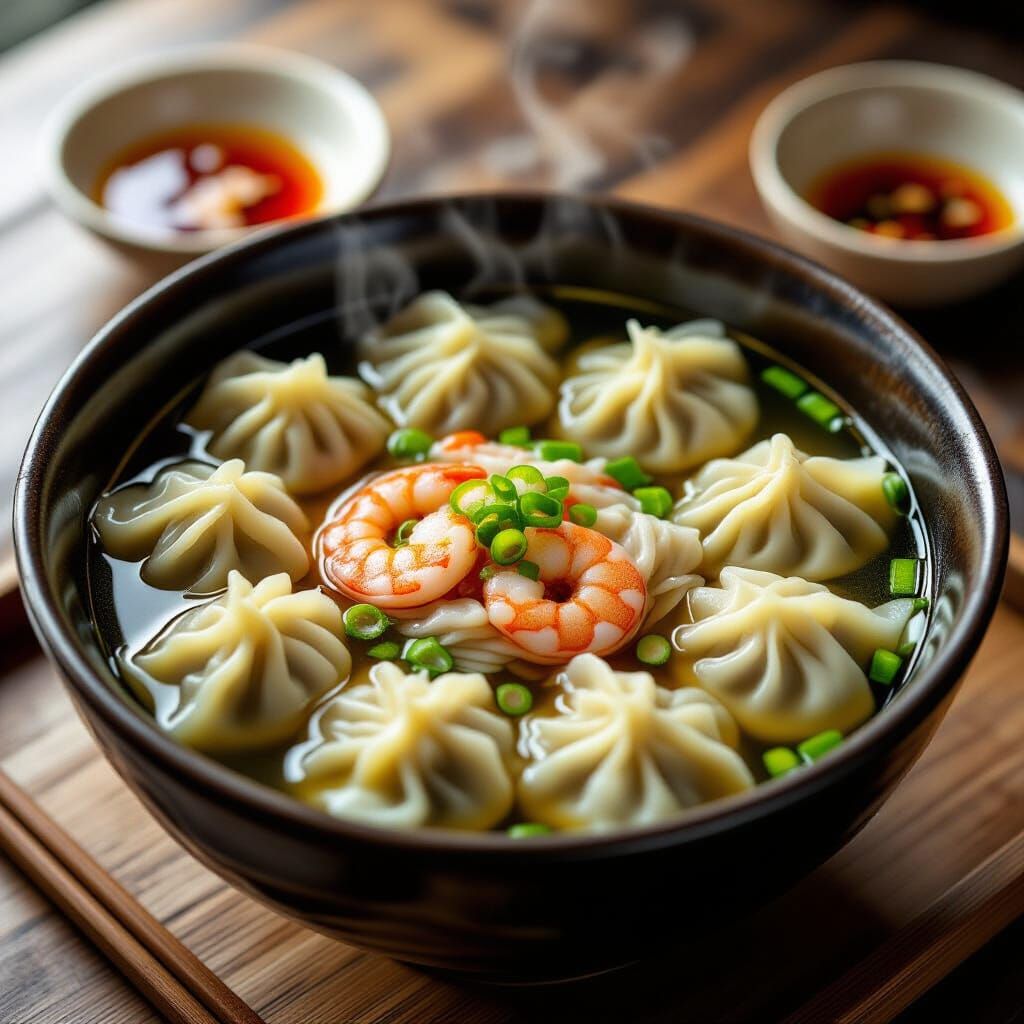Steaming Wonton Dumpling Soup with Pork and Shrimp