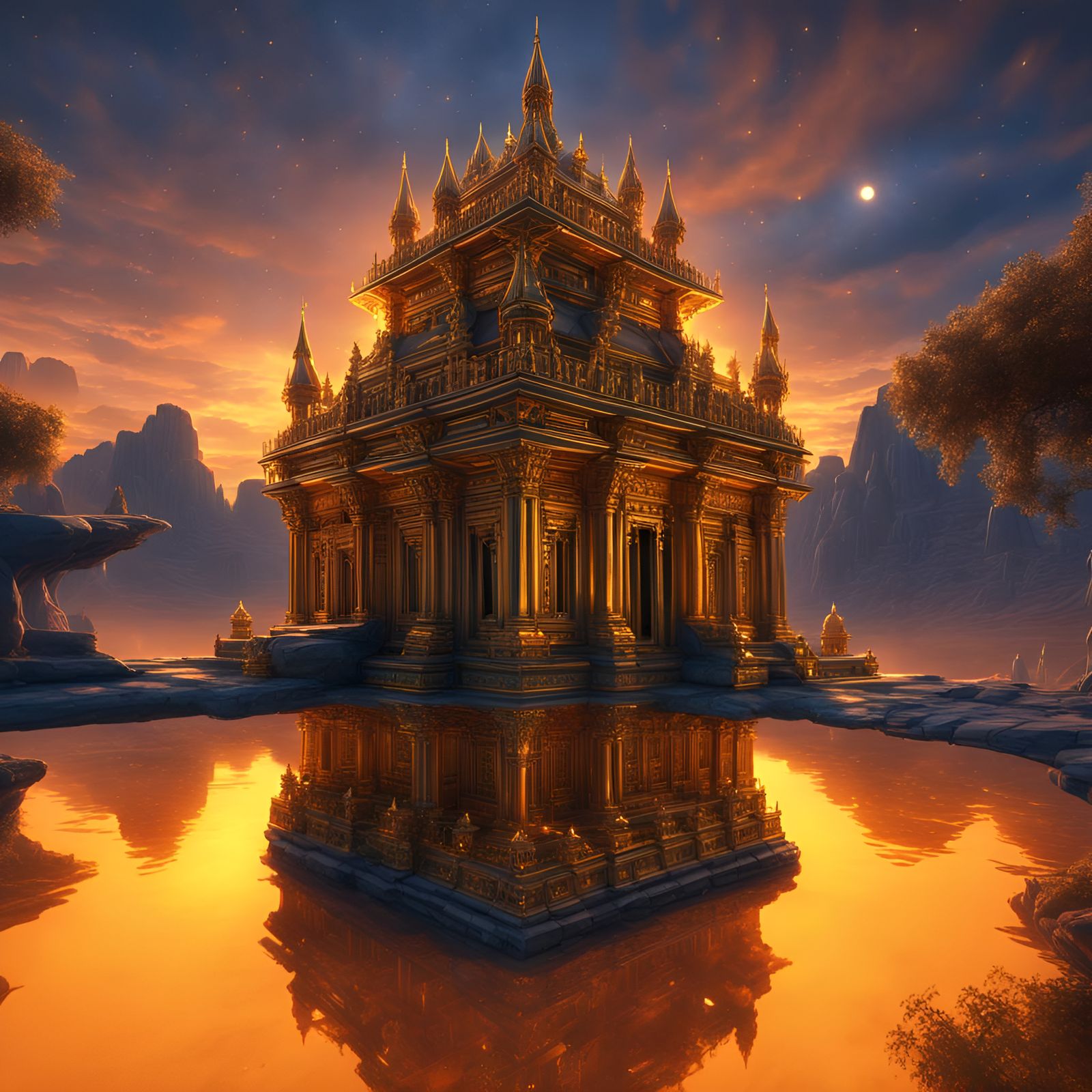 Golden Temple in Luminescent Light, High Fantasy 3D
