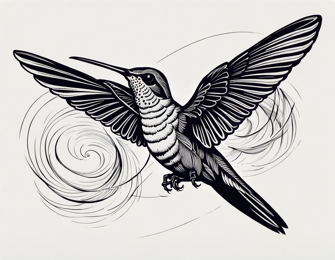 Hummingbird Skeleton in Flight: Black Ink Line Drawing
