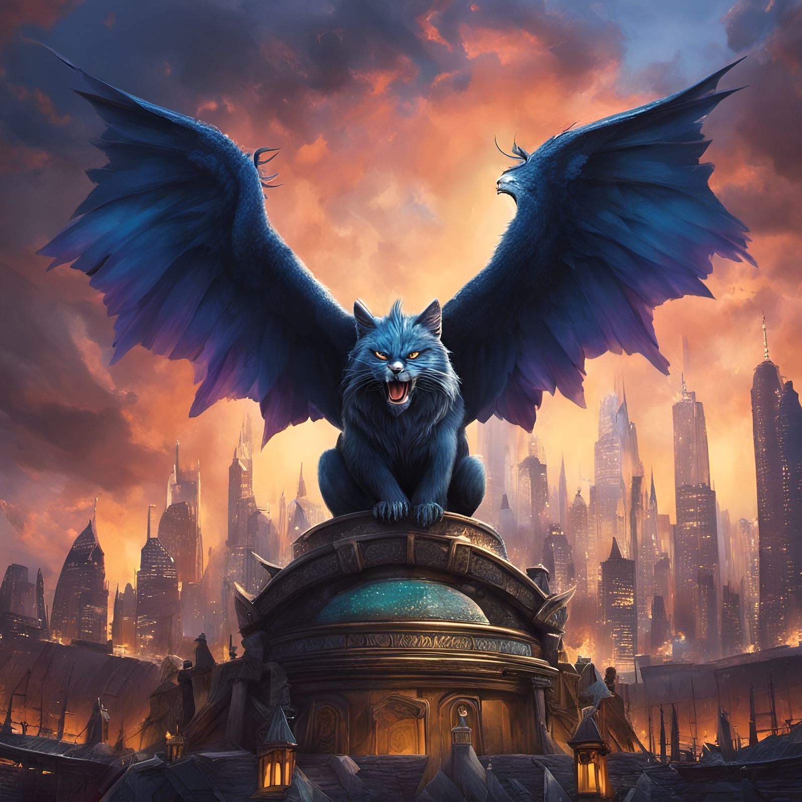 gargoyle on fluffy clouds over looking city wings Fantastic ...