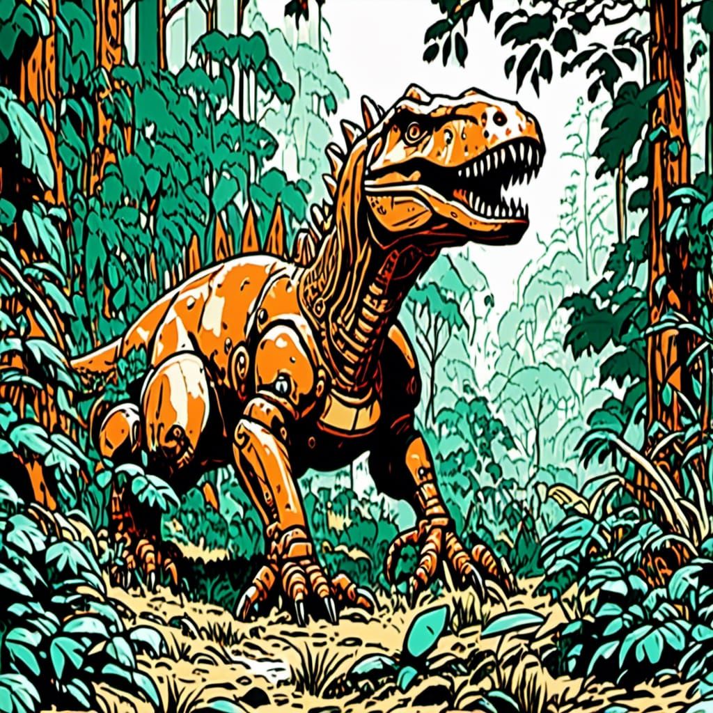 Half Robot T-Rex in Jungle, Ligne Claire Style