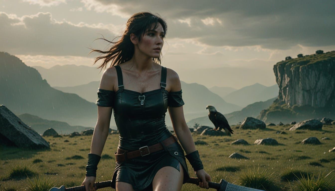 Tifa Lockhart Gazing Up at an Eagle with Double Ax