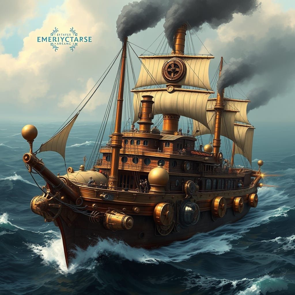 Majestic Steampunk War Ship in Industrial Futurism Style