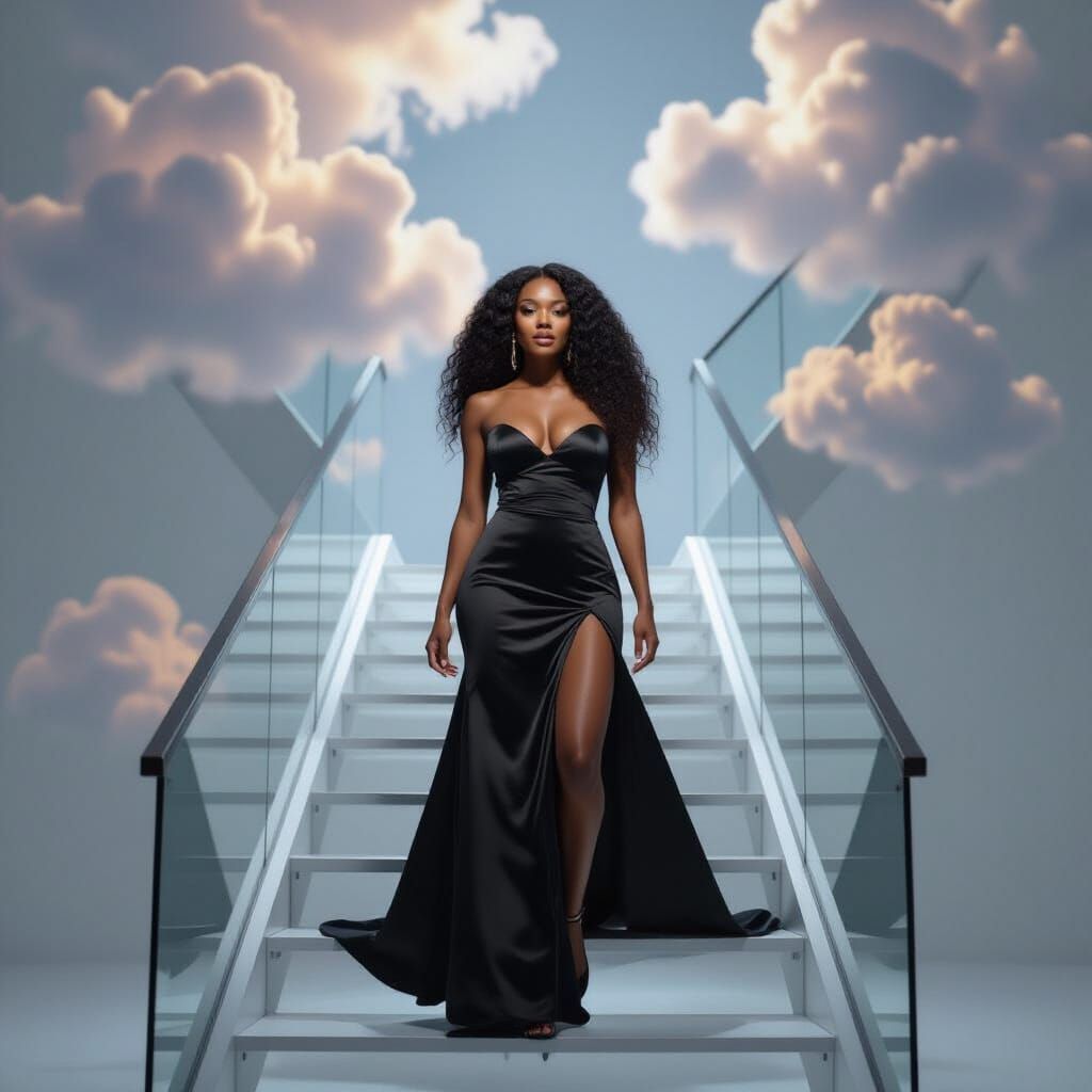 Photorealistic Portrait of Elegant Black Woman on Cloud Stai...