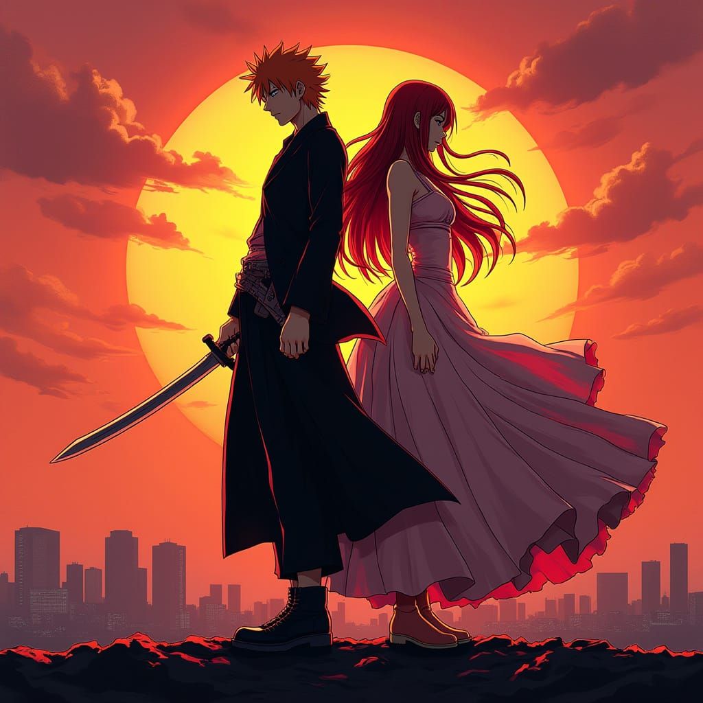 Ichigo and Orihime Stand Back to Back in a Vibrant Sunset To...