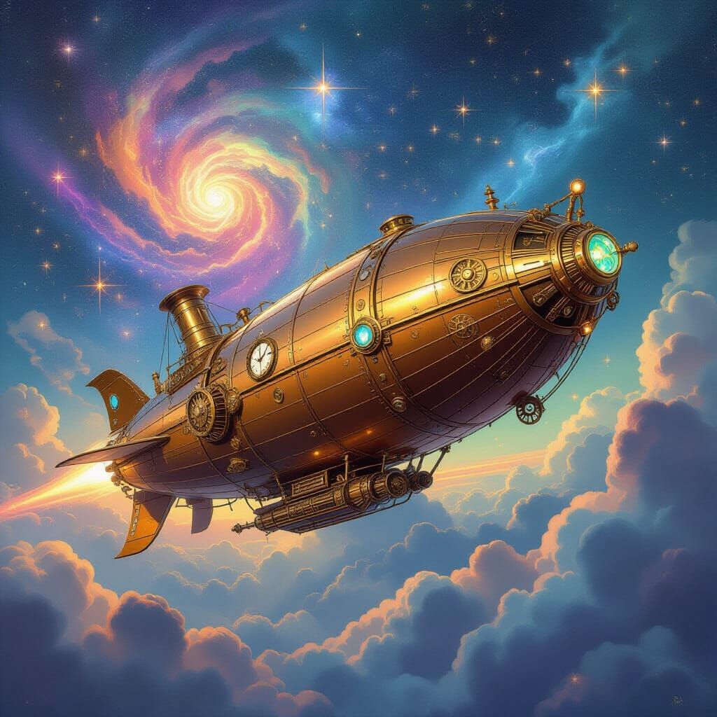 Steampunk Airship Soaring Through Vibrant Nebula