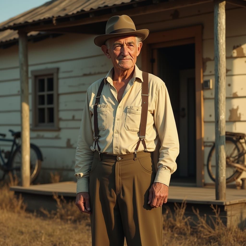 Elderly Man in 1950s Style, Hyperrealistic Rural Scene
