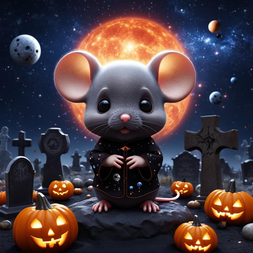 Hyperrealistic Chibi Mouse in Halloween Graveyard