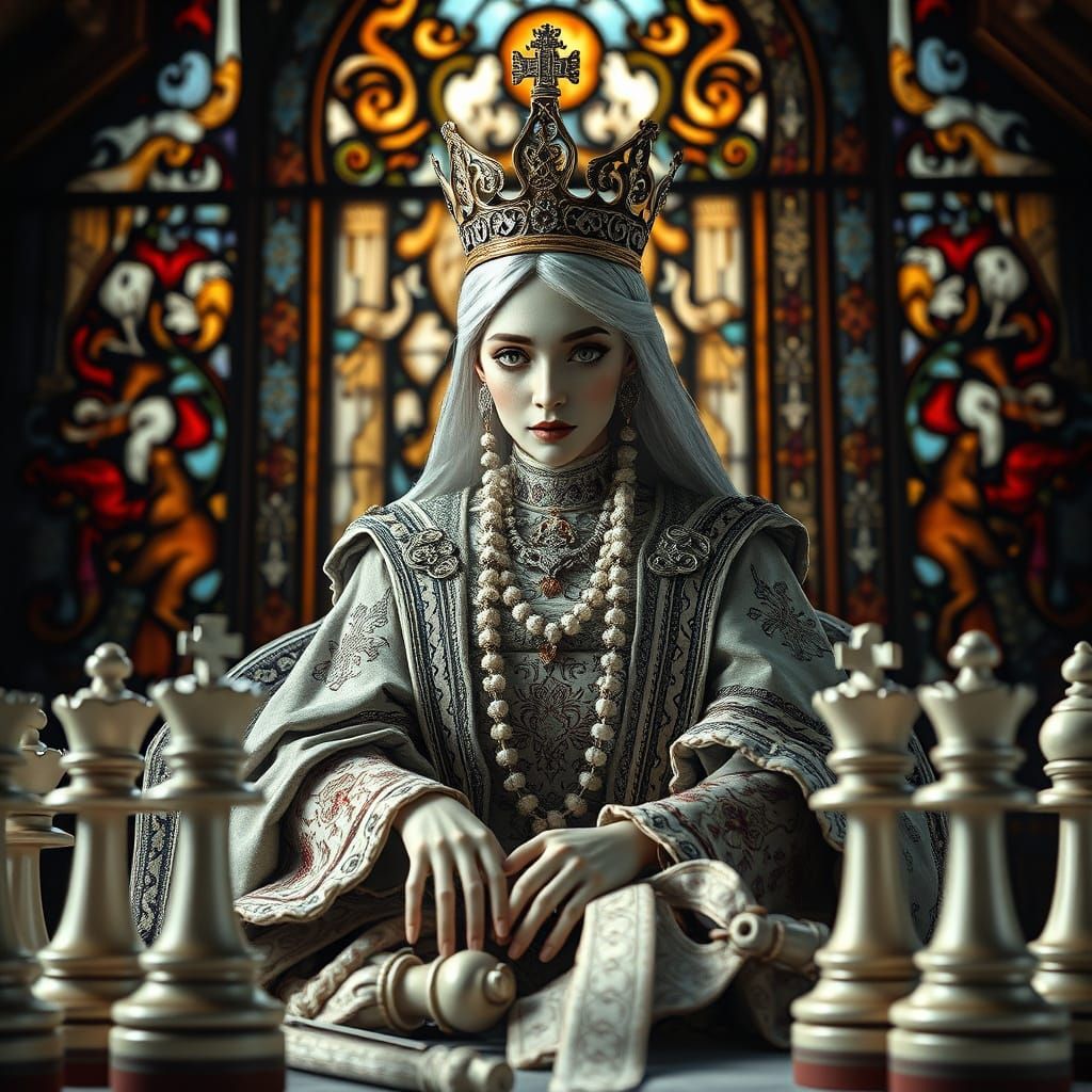 Intricate Chess Queen in Batik Style with Sfumato