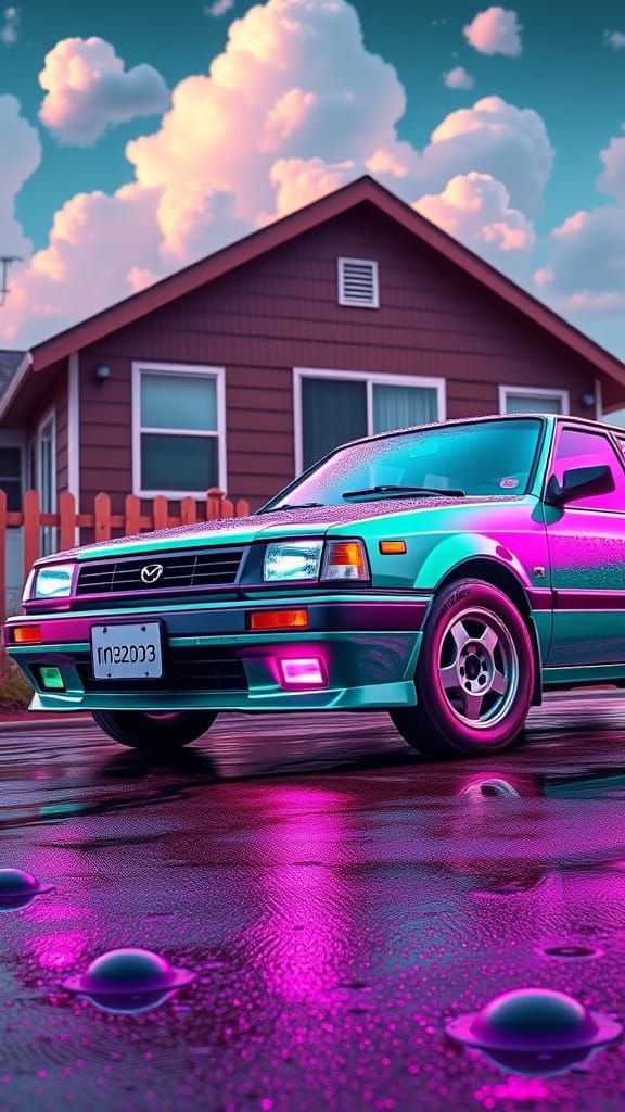 Jade-Green Mazda with Neon Accents in Surreal Style